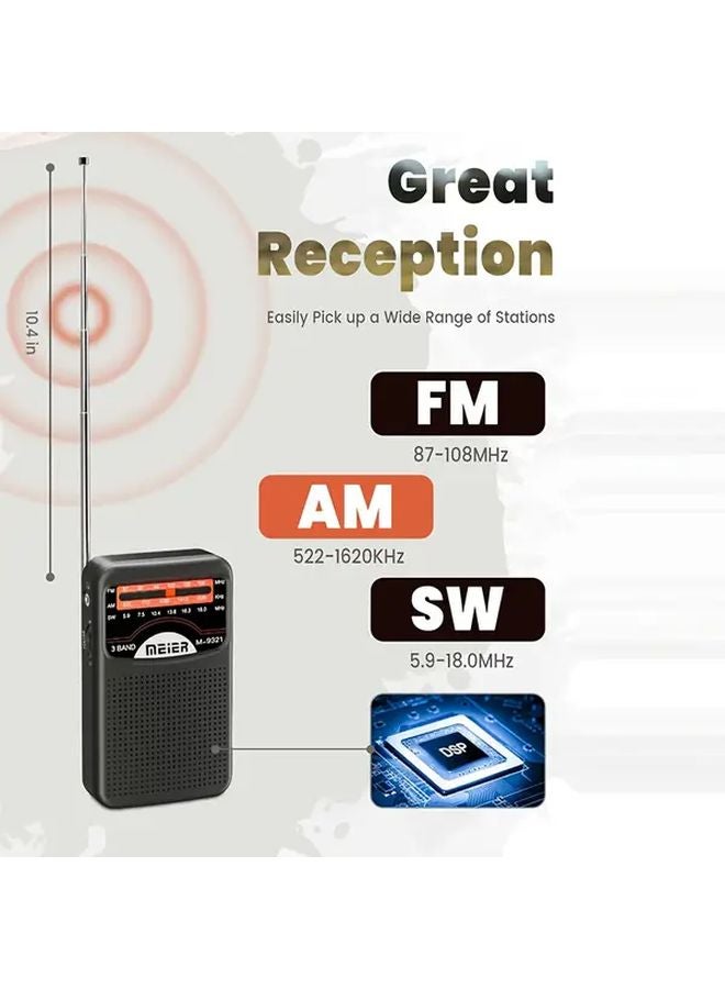 راديو أسود محمول AM/FM مع شحن USB وبطارية قابلة لإعادة الشحن ومقسم سماعات الرأس - Image 5